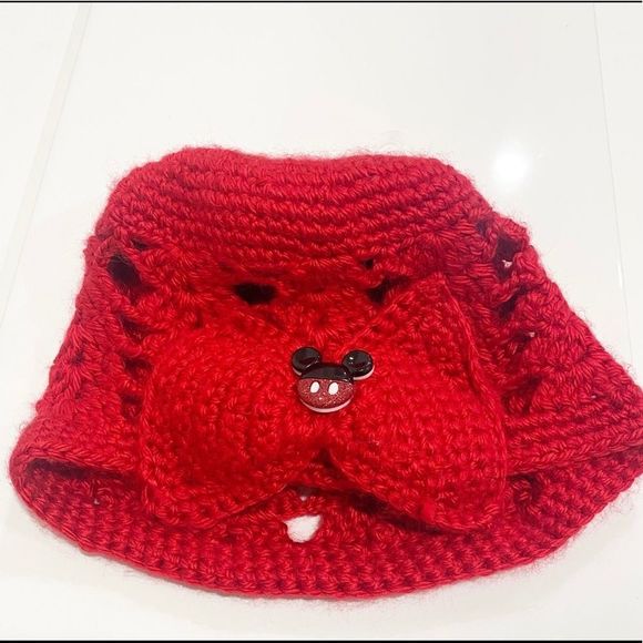 MICKEY MOUSE red infant baby toddler crotchet knit beanie hat with big red‎ bow - Picture 2 of 4